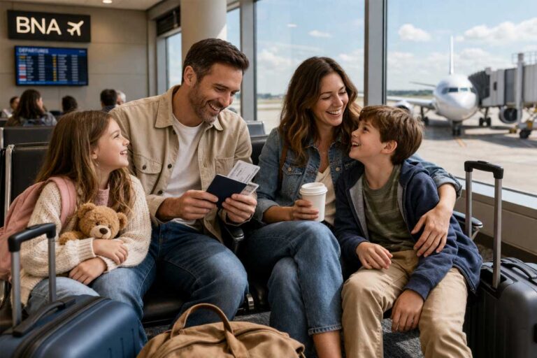 Flights from BNA, family sitting in airport terminal waiting to board with luggage