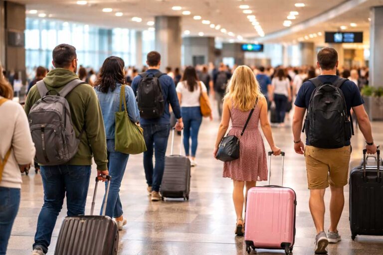How early should you get to BNA, travelers walking through airport terminal with luggage