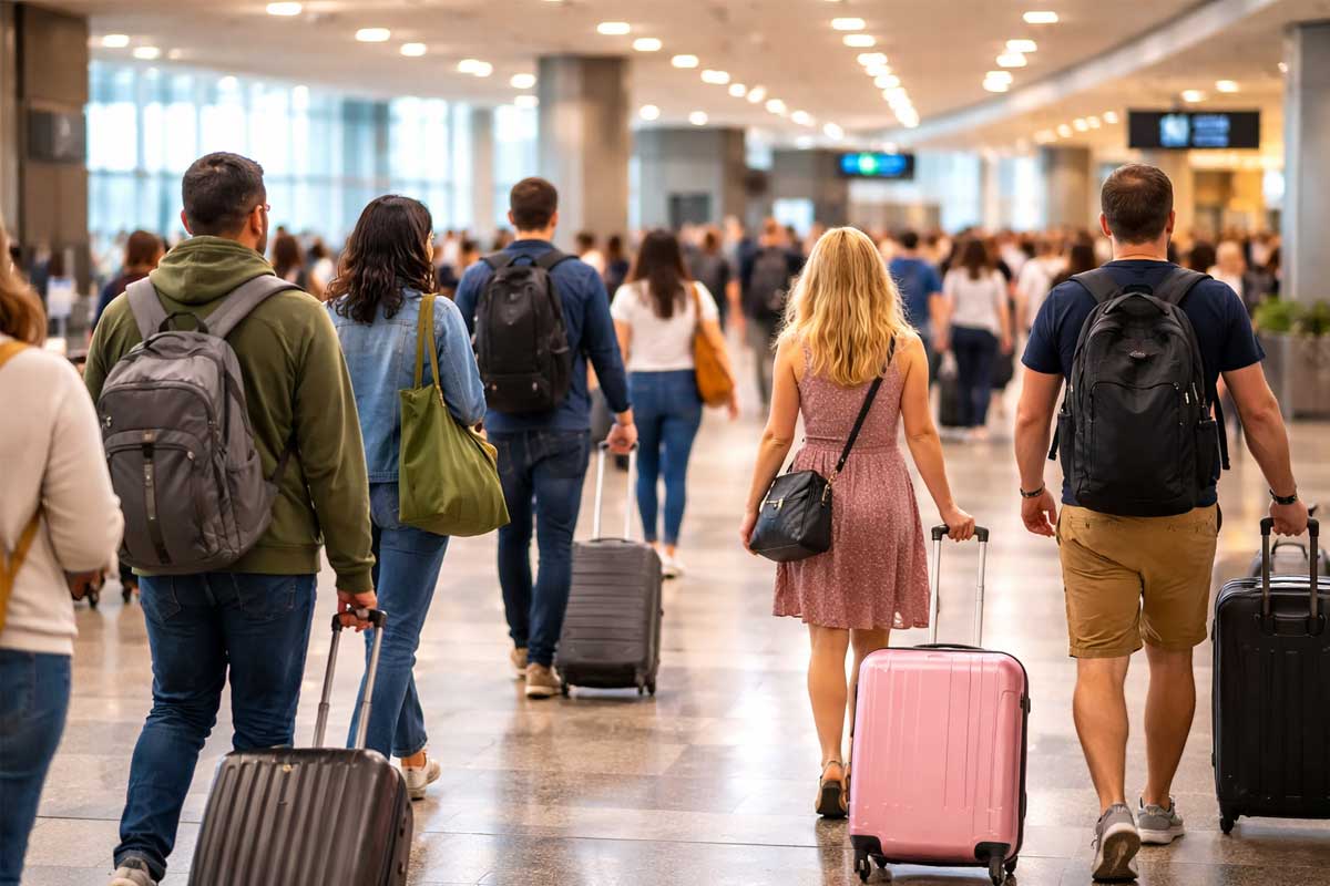 How early should you get to BNA, travelers walking through airport terminal with luggage