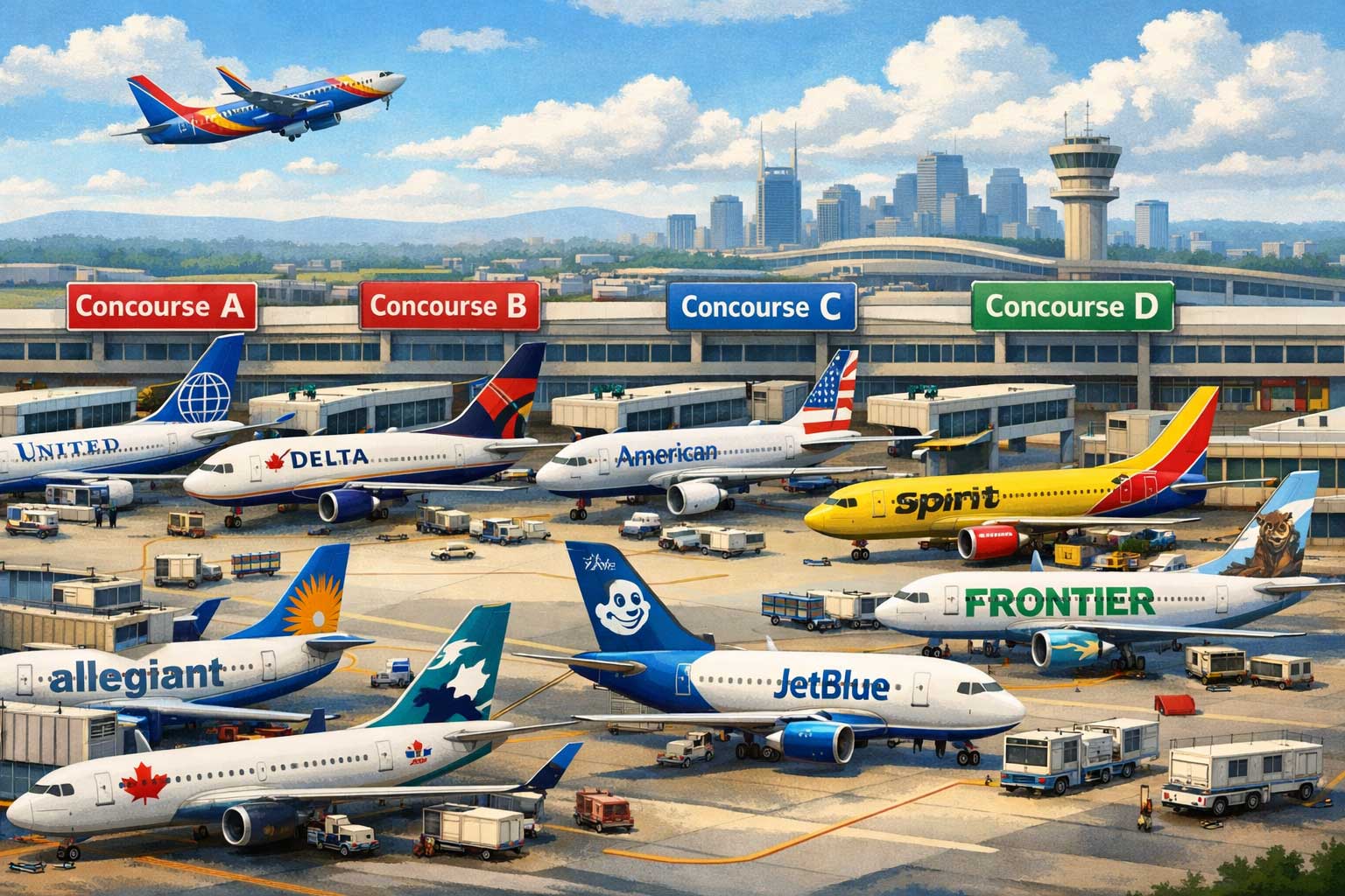 Illustration of airplanes from major and budget carriers representing what airlines fly out of BNA Nashville International Airport.