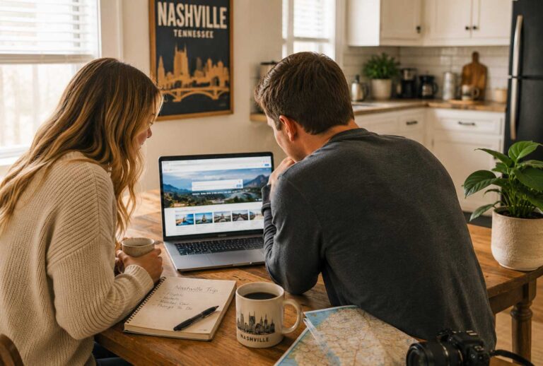 Couple planning a trip on a laptop while looking for cheap parking near Nashville Airport