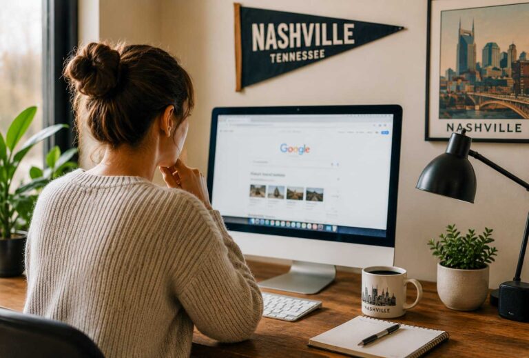 Woman researching cheap Nashville Airport parking while planning a trip from home