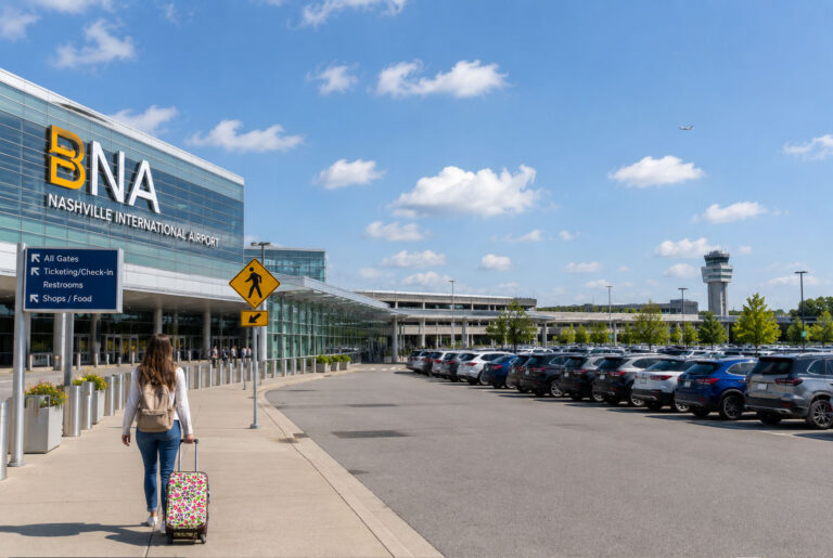 Traveler walking near the BNA terminal while comparing BNA parking rates