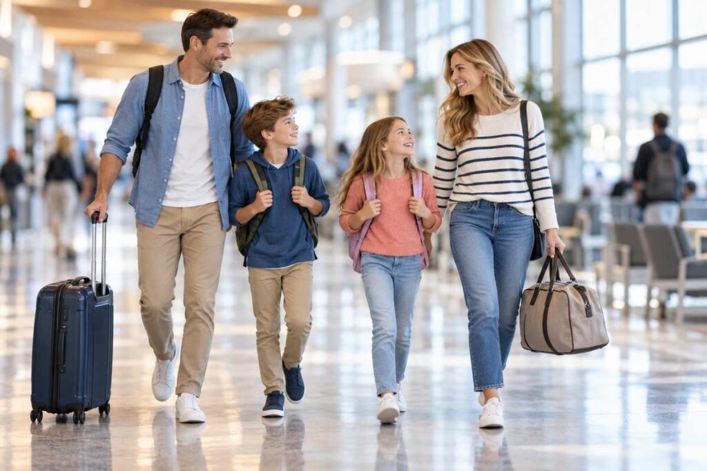 Family traveling with carry-on luggage through a terminal, representing Nashville International Airport new routes