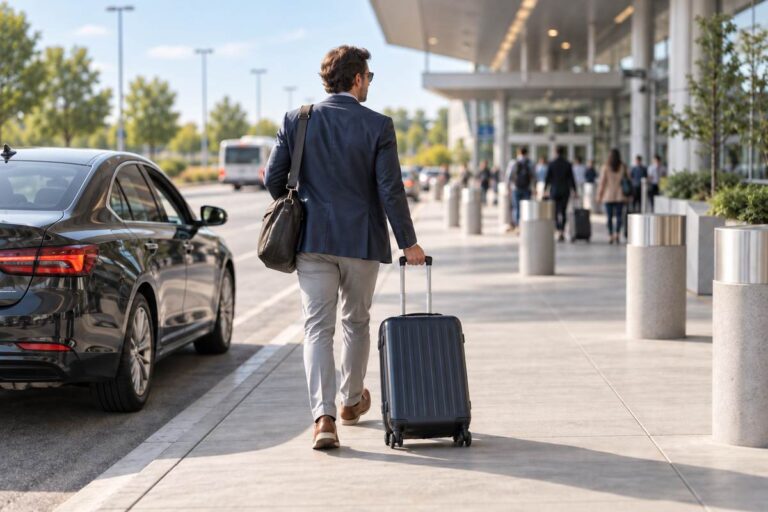 Traveler pulling a suitcase from a generic rideshare drop-off, representing Uber to BNA Airport.