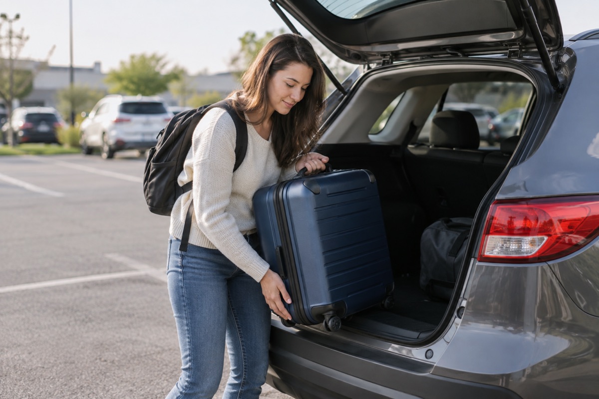 Traveler removing a suitcase from a car while using BNA parking for long trips