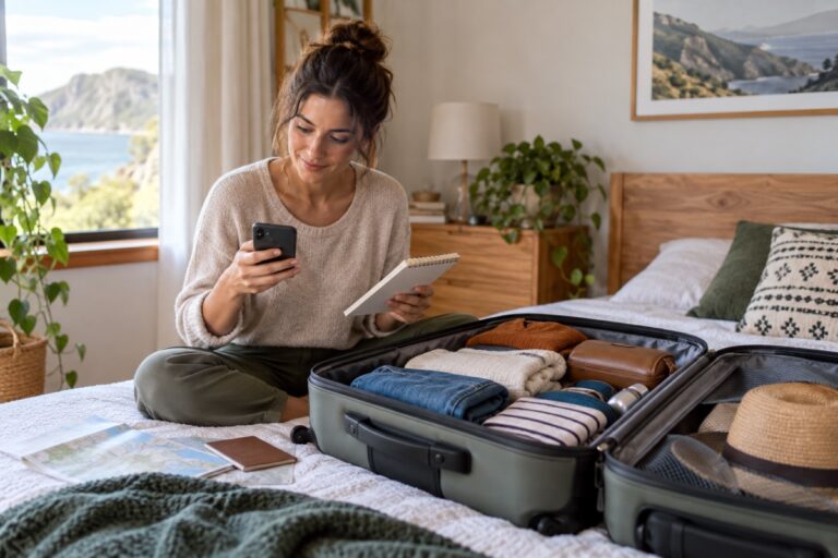 Woman packing an open suitcase for a long trip with extended stay parking for Nashville Airport