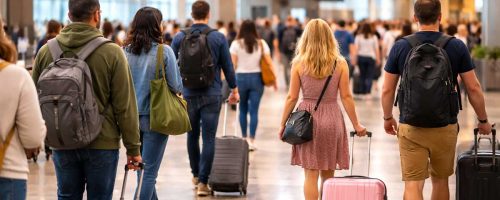 How early should you get to BNA, travelers walking through airport terminal with luggage