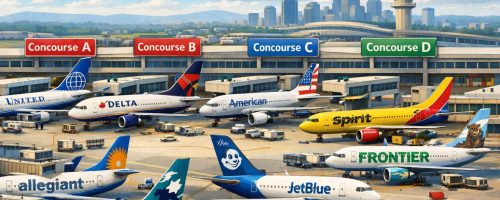 Illustration of airplanes from major and budget carriers representing what airlines fly out of BNA Nashville International Airport.